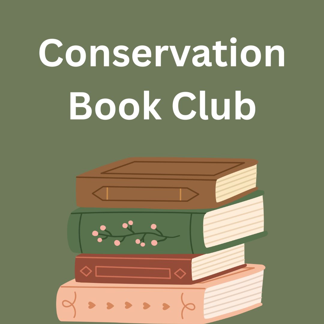 The words "conservation book club" against a green background with a stack of books below.