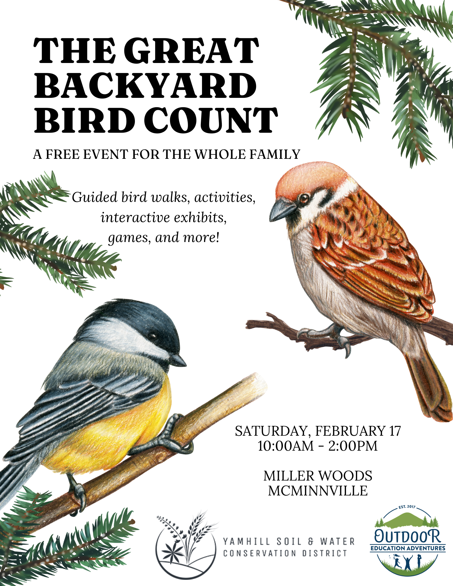 Image of the flyer for the backyard bird count with hand drawings of two birds