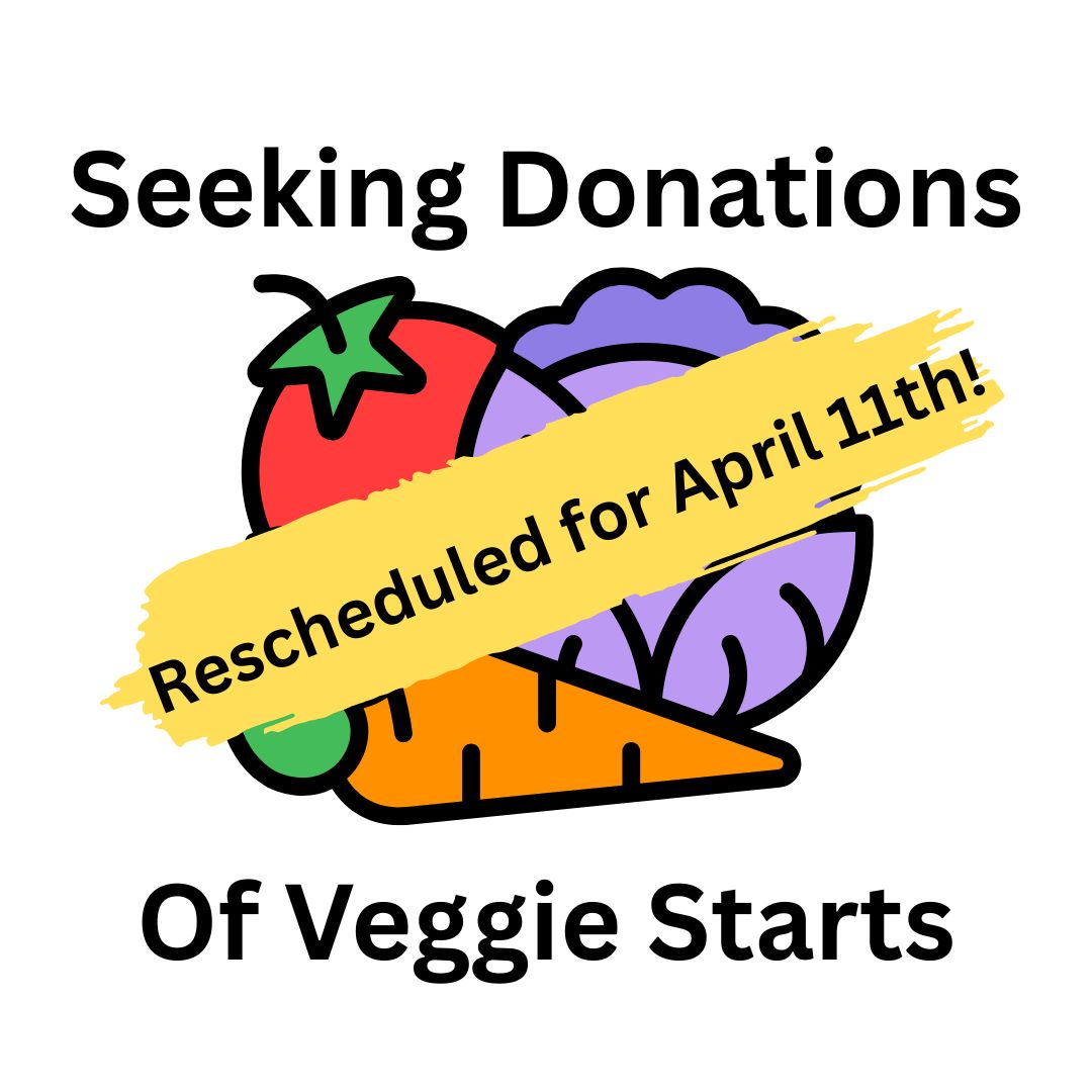 A graphic of veggies with a splash of yellow that says "rescheduled for April 11th!" with "seeking donations of veggie starts" around the veggies.