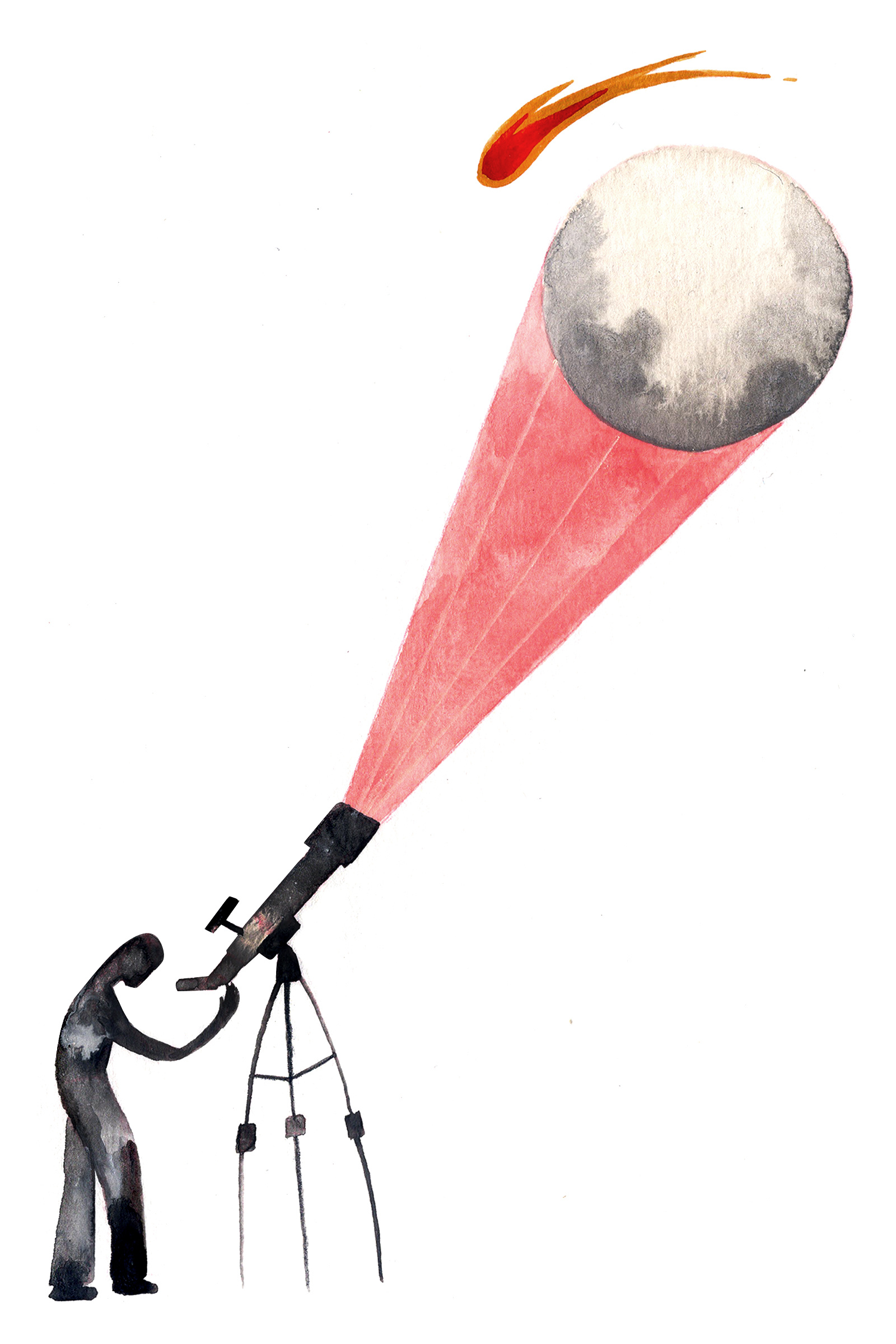 Watercolor art of a person looking through a telescope